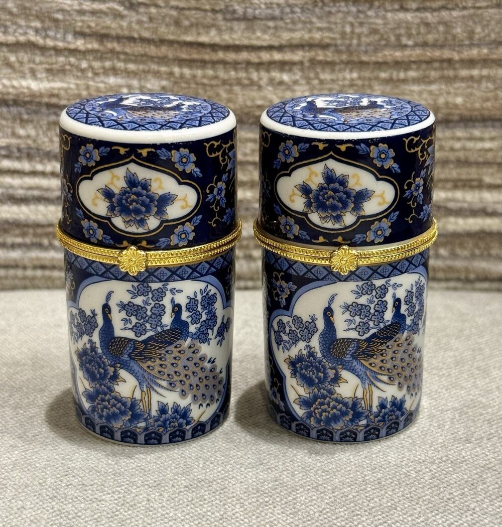 Vintage Chinese Porcelain Hand Painted Peacock Trinket Box Toothpick Holders X2